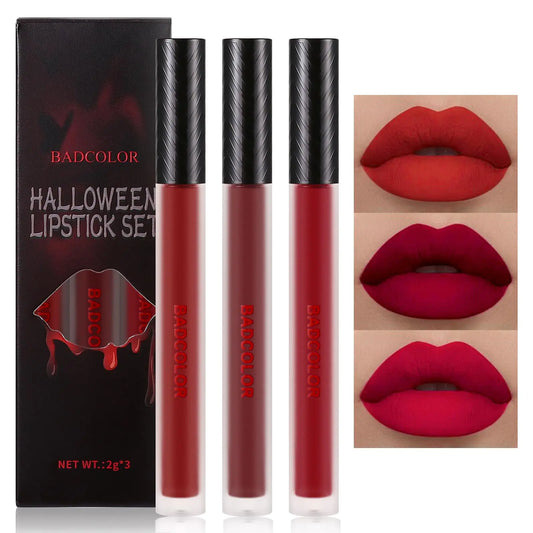 3 Colors Red Matte Liquid Lipstick Set Burgundy Ruby Red Lip Gloss for Women Vampy Halloween Makeup High Impact Long Lasting Lip Stain Velvet Nonstick Cup Smudge Proof & Waterproof Lip Tint