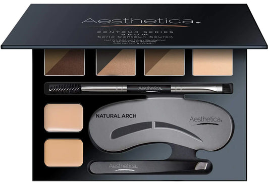 Aesthetica Brow Contour Kit 16-Piece Eyebrow Makeup Palette Set 6 Eyebrow Powders 5 Eyebrow Stencils Spoolie/Brush Duo Tweezers Eye Brow Wax Highlighter - Unique Gifts For Women For Her Birthday